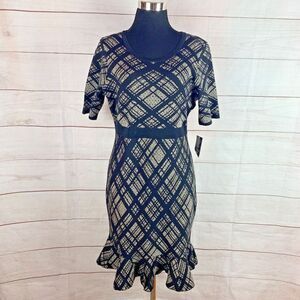 Nina Leonard Dress Medium 8 10 Black Tan Stretch Ruffle Plaid Geometric Bodycon